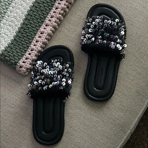 FP Black Sequin Slide Sandals NWOT